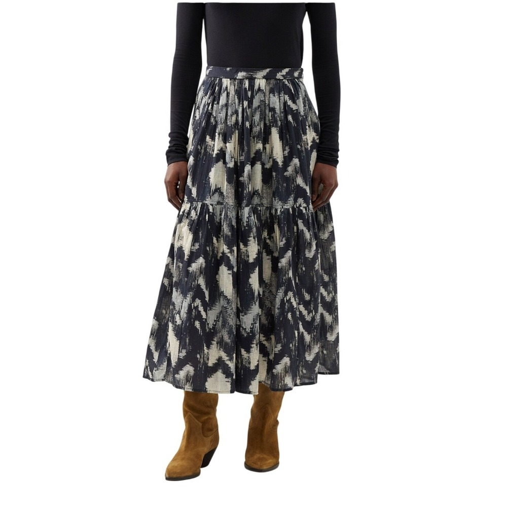 Ba&sh Amalia Pleated Printed Cotton Midi Skirt Black White Size 40 US 8